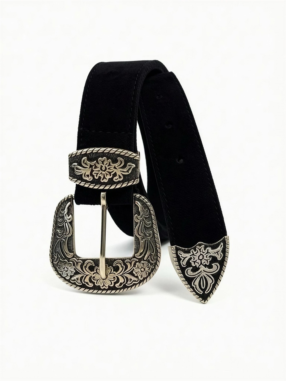 Women’s Black Belt with Ornate Silver-Tone Western Buckle Size 46.5 inches